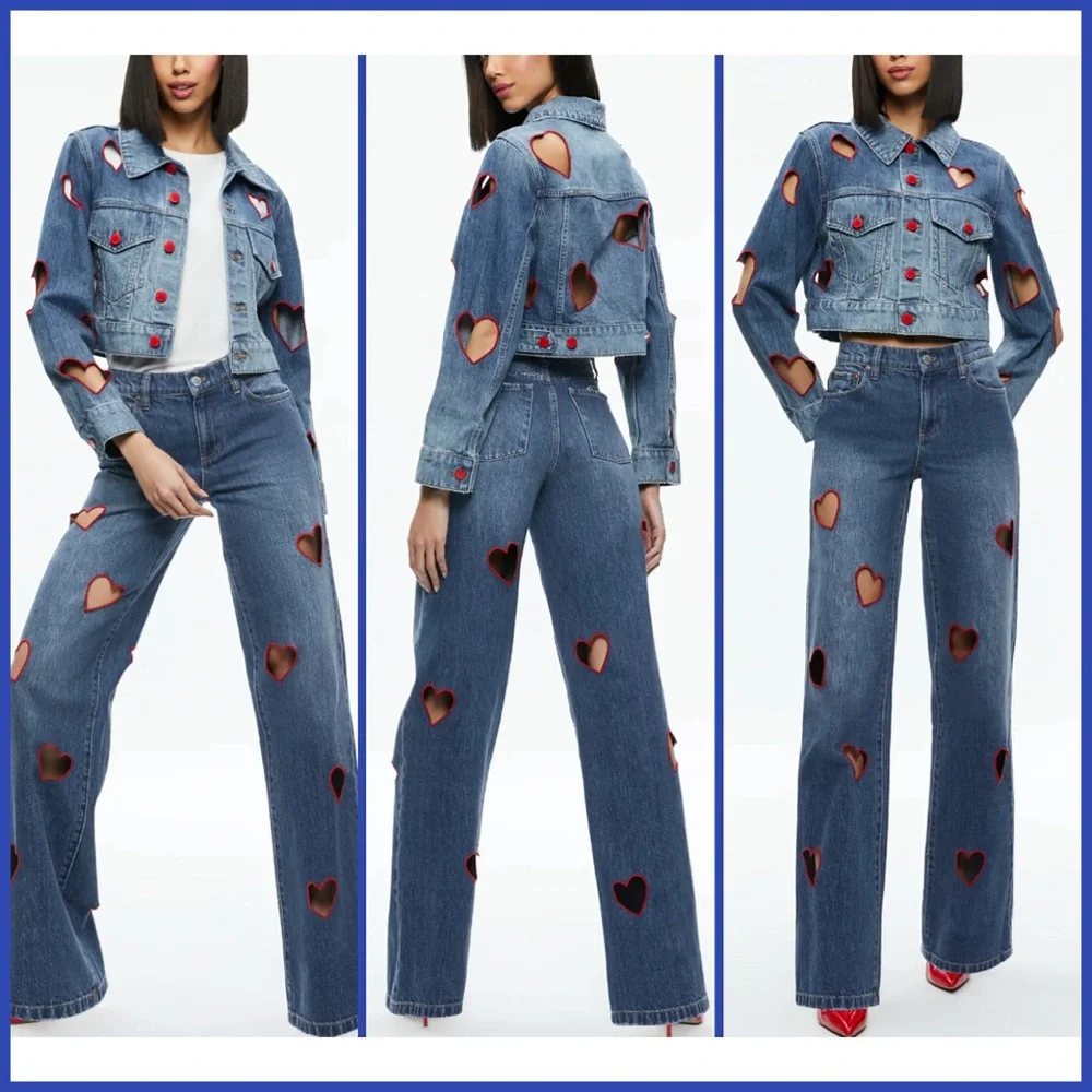 Alice + Olivia Jeff Heart Embroidered Cropped Denim Jacket - Picture 9 of 16